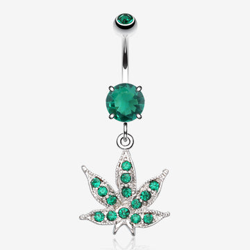 Marijuana Leaf Sparkle Belly Ring-Green